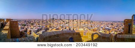 Panoramic view of Jaisalmer yellow city of Rajasthan, India famous for cultural heritage and Rajput