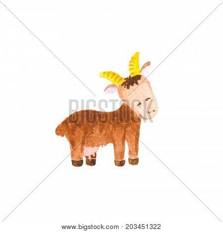 Cute brown goat with yellow horns watercolor drawing on white. Lovely goat with brown fur and pink udder. Smiling goat with milk. Nursery style handdrawn illustration. Cute goat on white background