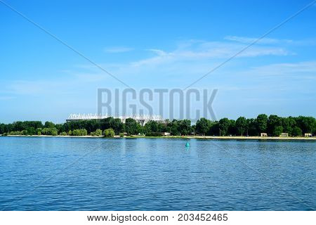 ROSTOV-ON-DON, RUSSIA - CIRCA 2017: ROSTOV ARENA STADIUM FOR FOOTBALL WORLD CUP 2018 UNDER CONSTRUCTION
