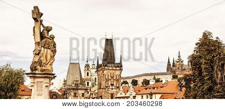 Historical scene of Prague Czech republic central Europe. Travel destination. Cultural heritage. Yellow photo filter.