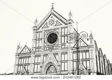 Basilica of Santa Croce Florence Tuscany Italy. Cultural heritage. Black and white photo.