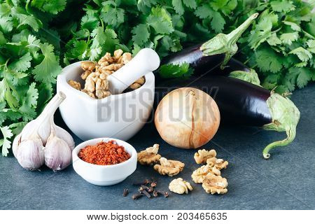 Ingredients For Vegan Snack, Eggplant With Ajika