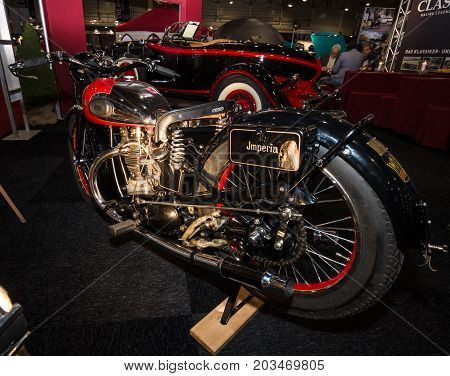 MAASTRICHT NETHERLANDS - JANUARY 09 2015: Motorcycle Imperia Rudge Python Ulster Special 1932. International Exhibition InterClassics & Topmobiel 2015