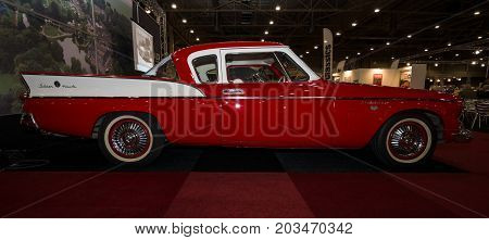 MAASTRICHT NETHERLANDS - JANUARY 09 2015: Oldtimer Studebaker Silver Hawk 1957. International Exhibition InterClassics & Topmobiel 2015