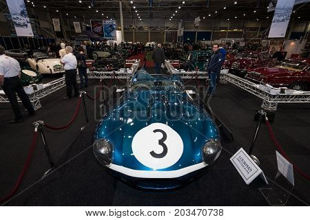 MAASTRICHT NETHERLANDS - JANUARY 09 2015: Sports racing car Jaguar D-Type (number of chassis: XKD606 winner of the 1957 Le Mans 24 Hours race) 1956. International Exhibition InterClassics & Topmobiel 2015