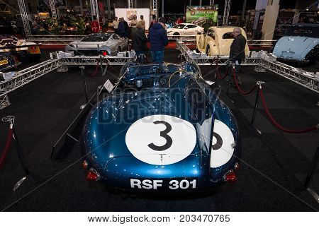 MAASTRICHT NETHERLANDS - JANUARY 09 2015: Sports racing car Jaguar D-Type (number of chassis: XKD606 winner of the 1957 Le Mans 24 Hours race) 1956. International Exhibition InterClassics & Topmobiel 2015