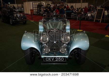 MAASTRICHT NETHERLANDS - JANUARY 09 2015: A sports car Jaguar SS100 3.5 1937. International Exhibition InterClassics & Topmobiel 2015