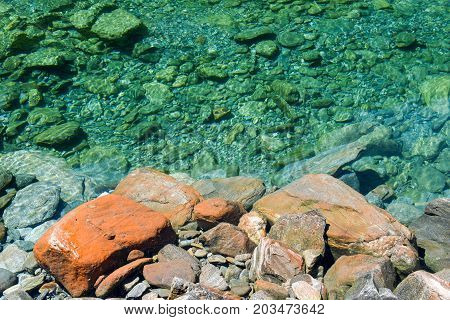 Clear Water Of Lake Malvaglia On Blenio Valley