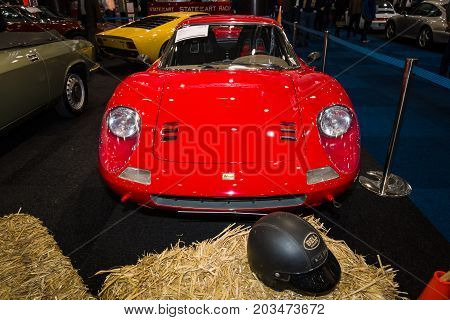 MAASTRICHT NETHERLANDS - JANUARY 09 2015: Sports car Ferrari Dino 246 GT. International Exhibition InterClassics & Topmobiel 2015