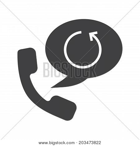 Call back service glyph icon. Silhouette symbol. Handset with cycling arrow inside speech bubble. Negative space. Vector isolated illustration