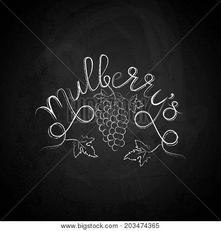 Mulberry hand draw lettering vector. Berry and leaves illustration on chalkboard. Organic healthy food. Great for banner, poster, label