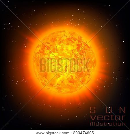 Sun with Rays and Glow on Sky Background. Sunshine Global Warming Design Concept. Vector Illustration.