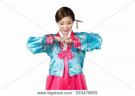 Korean Woman with Hanbok the traditional Korean dress in white background with clipping path.