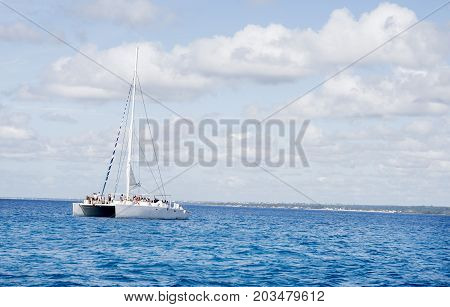Caribbean sea with turquoise water and palms close to Saona island