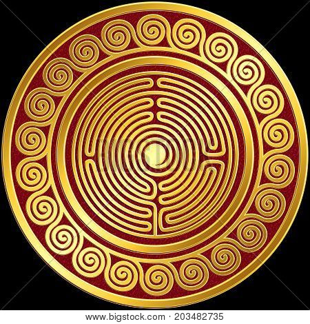 Traditional vintage Golden round Greek ornament, Meander pattern on red and black background