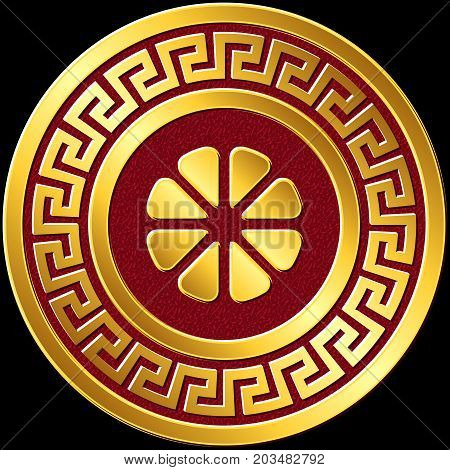 Traditional vintage Golden round Greek ornament, Meander pattern on red and black background