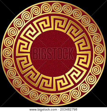 Traditional vintage Golden round Greek ornament, Meander pattern on red and black background
