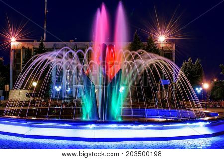 A beautiful illuminated city fountain Flower of a tulip at night. View of the town Pokrov in Ukraine, 2017