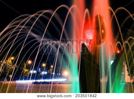 A close-up picture of beautiful illuminated city fountain A Tulip Flower at fall evening in Pokrov town in Ukraine, 2017