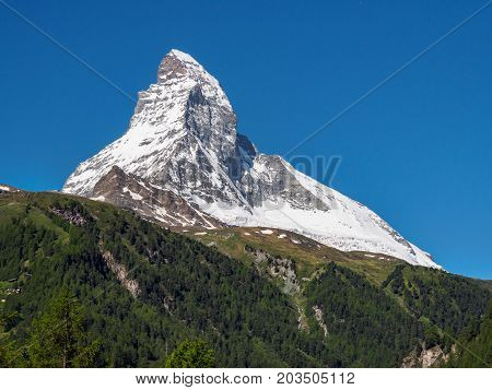 Matterhorn peak in sunny day with pine tree mountain in foreground Zermatt Switzerland.