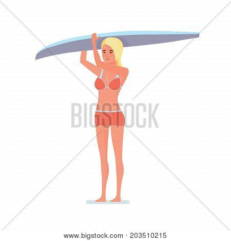 Summer vacation on sea and beach. Surfer girl is standing on beach holding a board for swimming above her head. Recreational beach water sport. Character person. Vector illustration in cartoon style.