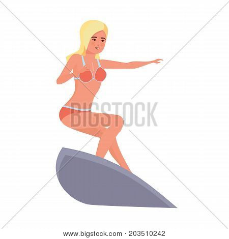 Summer vacation on sea and beach. Surfer woman with surfboard standing and riding on ocean wave. Recreational beach water sport. Surf travel. Character person. Vector illustration in cartoon style.