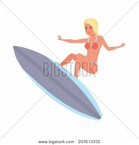 Summer vacation on sea and beach. Surfer woman with surfboard standing and riding on ocean wave. Recreational beach water sport. Surf travel. Character person. Vector illustration in cartoon style.