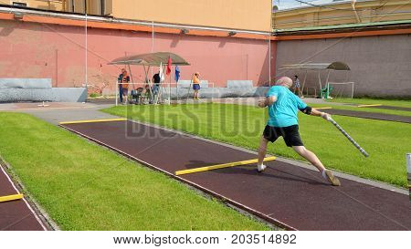 13.08.2017.Russia.Saint-Petersburg.Gorodki - a Russian folk sports game. In this game you need specific distances to smash figures made in different ways from five wooden cylinders.