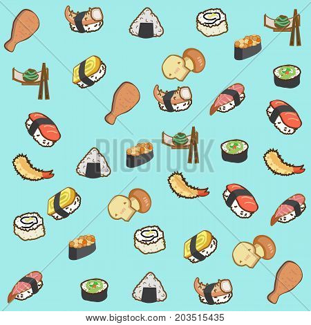 Icon of japan food and sushi in cartoon style on blue background for background