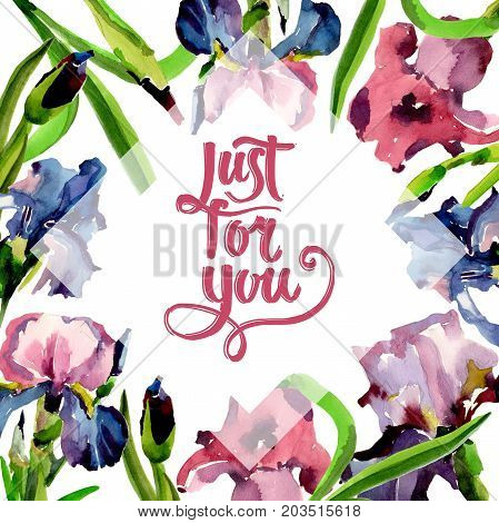 Wildflower iris flower frame in a watercolor style. Full name of the plant: flower-de-luce. Aquarelle wild flower for background, texture, wrapper pattern, frame or border.