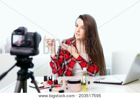 A Young Girl Blogger Writes A New Edition.beauty-blog.girl Beauty Blogger In Front Of The Camera.gir