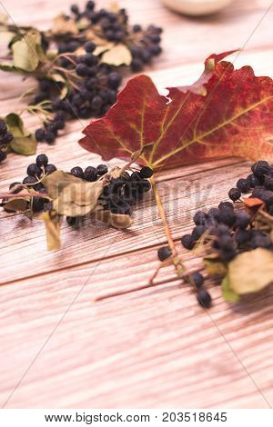 Autumn still life: chokeberry with yellow leaves on a wooden background