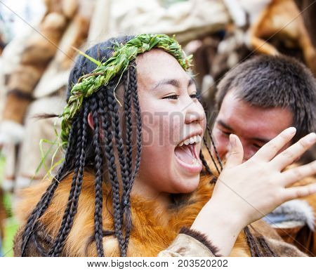 KAMCHATKA RUSSIA - SEPTEMBER 09 2017: Aborigine of Kamchatka dancing on dance marathon. Feast of the Aborigines of Kamchatka 