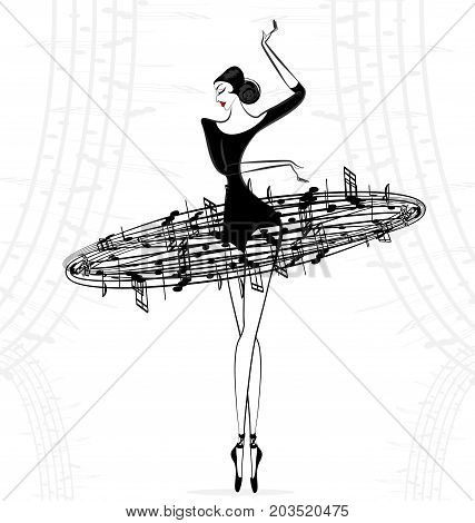 white background and abstract dancing ballet girl in black music dress
