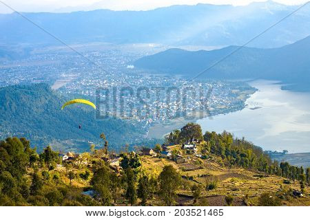 Pokhara Paraglider Aerial View Phewa Lake Nepal