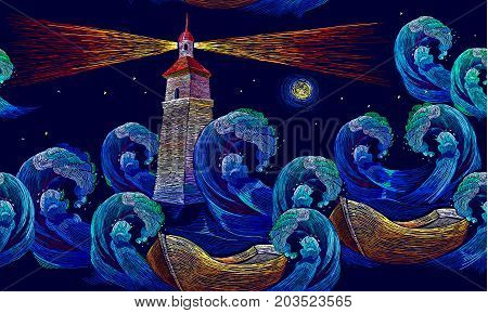 Embroidery lighthouse boat sea waves seamless pattern. Template for clothes textiles t-shirt design. Classical embroidery impressionism style lighthouse and storm in ocean seamless background