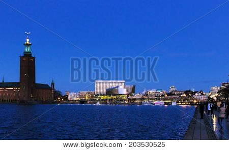 Stockholm Sweden - January 05th 2015: View from the Evert Taubes Terrace. Fjords of Stockholm. View on the Radisson Blu Waterfront Hotel.