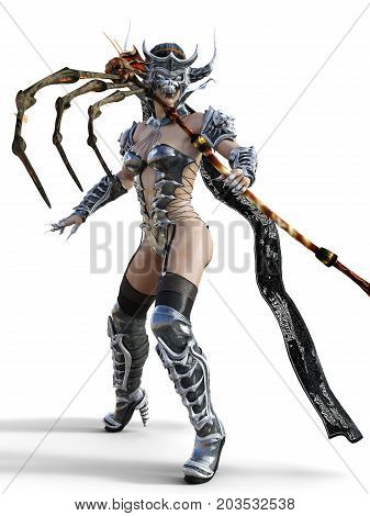 Evil sorceress mask horns. Gothic warrior woman. Magical protective armor. Muscular athletic body. Realistic 3D rendering isolate illustration. Hi key.