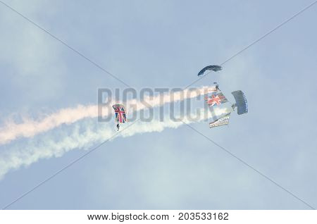 Clacton Essex United Kingdom -25 August 2017: British Army Parachutists descending over t Clacton free airshow