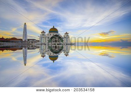 Sunset view from Malacca Straits Mosque .