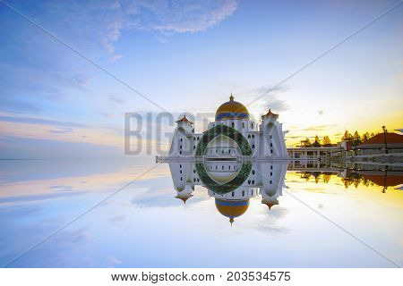 Majestic View Of Malacca Straits Mosque During Sunset.