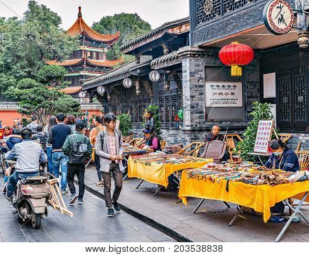 Chengdu China - October 29 2016: Crowdy market by Wenshu monastery.