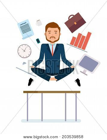 Ready to use character creation set. Businessman meditating to relieve fatigue from work. Business, office work, workplace. Flat design vector illustration.