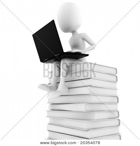 3D uomo seduto su una pila di libri lavorando al suo lapop