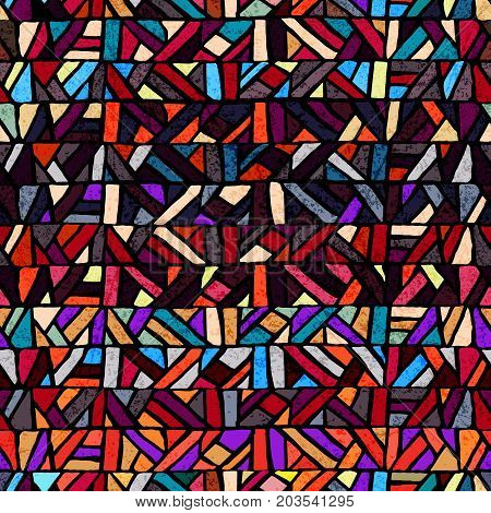 Stained-glass seamless pattern. Handmade. Geometrical abstraction from glass. Ethnic and tribal motifs. Striped print. Grunge texture. Vector illustration.