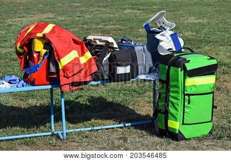 Equipments of the ambulance stuff on a bench