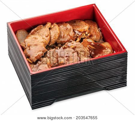 Shoga Yaki - Pork With Rice In Ginger Sauce Box Isolated On White