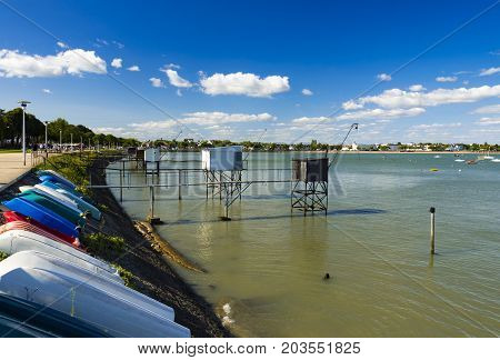 Fishing huts and carrelets over the estuary at St Nazaire, France
