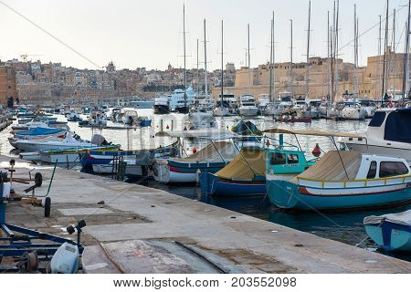 Boats And Yachts Anchoring In Valletta, Malta
