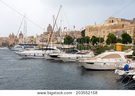 Boats And Yachts Anchoring In Valletta, Malta